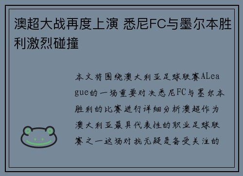 澳超大战再度上演 悉尼FC与墨尔本胜利激烈碰撞